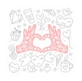 Valentines day vintage doodle vector elements and hands in form of heart in center. Hand drawn love poster, diamond Royalty Free Stock Photo