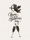 Valentines Day vintage greeting card. Black silhouette of Cupid aiming bow and arrow and two glasses of champagne Royalty Free Stock Photo