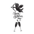 Valentines Day vintage greeting card. Black silhouette of Cupid and two glasses of champagne. Vector illustration Royalty Free Stock Photo