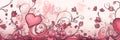 Valentines day watercolor abstract heart and flowers background banner, artistic doodle. Panoramic web header with copy Royalty Free Stock Photo