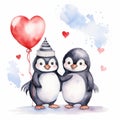 Valentines day watercolor cute animals with red heart balloon. Lovely penguins couple Royalty Free Stock Photo