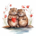 Valentines day watercolor cute animals with red heart baloon. Lovely beavers couple