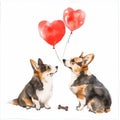 Valentines day watercolor cute animals with red heart baloon. Lovely Corgi dogs couple