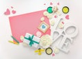 Valentines day, wedding, engagement flat lay, top view. Present gift box, ribbon, hearts, rose flowers, Love, pink paper Royalty Free Stock Photo