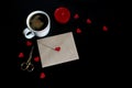 Valentines day or wedding mockup scene with cup of coffee, envelope, paper hearts confetti, red candle, golden scissors