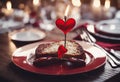 Valentines Day wooden board nner holding forks red heart two Royalty Free Stock Photo