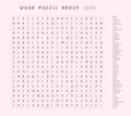 Valentines day word puzzle crossword - find the listed words about love in the brain work puzzle. attentiveness test, riddle game