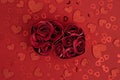 Valentines decoration on red background with hearts