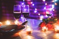 Valentines dinner romantic love concept / Romantic table setting decorated with Red heart fork spoon