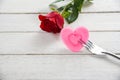 Valentines dinner romantic love food and love cooking concept - Romantic table setting decorated with red rose flower Royalty Free Stock Photo