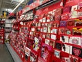 A Valentines display at Walmart of cards and stuffed animals