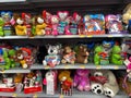 A Valentines display at Walmart of stuffed animals with hearts