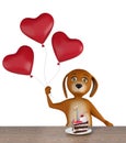 Valentines dog holding heart baloons -- isolated on white background. 3d render