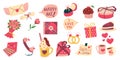 Valentines elements. Cartoon objects for celebrating February holiday. Greeting cards and presents for lovers