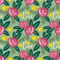 Valentines floral seamless pattern of pink rose flowers with green leaves and yellow heart with love text on green background. Royalty Free Stock Photo