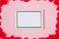 Valentines frame with rose petals, flat lay. Birthday, Mothers day, Valentines day background with copy space, mock up