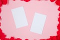 Valentines frames mockup with red rose petals, pink flat lay. Birthday, Mothers day, Valentines day background with copy space Royalty Free Stock Photo