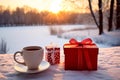 Valentines gift box with bow in snow with mugs