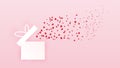 Valentines with gift box postcard. Flying elements on pink background. Vector symbols of love in shape of heart for Happy Women\'s