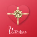 Valentines gift. Realistic red package with gold metallic bow. Valentines Day card Royalty Free Stock Photo