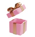 Valentines gifts box open 3d render. Pink box with gold glossy ribbon isolated. Holiday decoration presents. Realistic Royalty Free Stock Photo