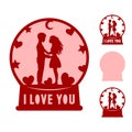 Valentines globe with boy and girl. Love symbols. Paper,laser cut template with phrase. I love you