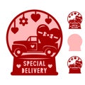 Valentines globe with truck,, heart. Love symbols. Paper,laser cut template with phrase