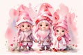 Valentines gnomes watercolor illustration in pink