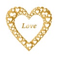 Valentines gold background with dark gold heart with gold hearts composition. Greeting for lovers and for Mother`s Day