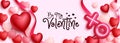 Valentines greeting vector background design. Happy valentine`s day text with decoration elements of hearts, balloon and lasso.