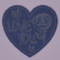 Valentines Heart as Blue Jeans denim Element. Vector Patch, Fragments on pink Background.