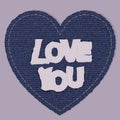 Valentines Heart as Blue Jeans denim Element. Vector Patch, Fragments on pink Background.