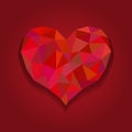 Valentines heart card, origami heart in diamond style. Red heart polygonal abstract on red backgrounds.