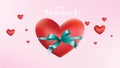 Valentines heart. Decorative love balloons pink background with hearts and green blue silk ribbon