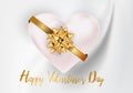 Valentines heart and gold bow white text on rippled white silk f