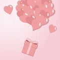 Valentines hearts balloon with gift box postcard on pale pink background. Love and holiday symbols in shape of heart for Happy Royalty Free Stock Photo