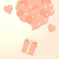 Valentines hearts balloon with gift box postcard on peach pink background. Love and holiday symbols in shape of heart for Happy Royalty Free Stock Photo