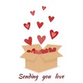 Valentines hearts with gift box. Sending you love. Happy Women`s, Mother`s, Valentine`s Day. Vector illustration