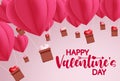 Valentines hot air balloon vector background design. Happy valentine`s day greeting text with hot air balloons with heart element Royalty Free Stock Photo