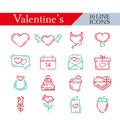 Valentines icon set. 16 line red love icons