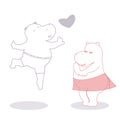 Valentines illustration with two contour hippos and heart