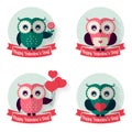 Valentines labels with owls and ribbons. Vector set. Royalty Free Stock Photo