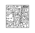 Valentines logo vector seamless pattern gift box, cup, heart and cloud. Hand drawn monoline constructor for romantic