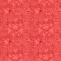 Valentines logo vector seamless pattern love, bag, heart, envelope line and abstract on red background. Hand drawn Royalty Free Stock Photo