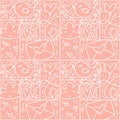 Valentines logo vector seamless pattern love, bird, heart, envelope line and abstract on pink background. Hand drawn