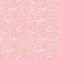 Valentines logo vector seamless pattern love, lips, heart and cloud on pink background. Hand drawn monoline constructor