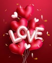 Valentines love balloons vector concept design. Love text and hearts balloon decoration with confetti celebration element.