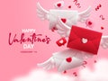 Valentines love letter vector design. Happy valentine`s day text with flying love letter envelope romantic elements.