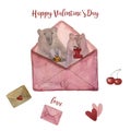 Valentines love letters with cute fairy animals bears, hearts envelope lovely watercolor set illustration. Royalty Free Stock Photo