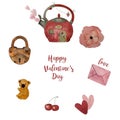 Valentines love letters, hearts and kettle house, old lock lovely watercolor set watercolor illustration. Royalty Free Stock Photo